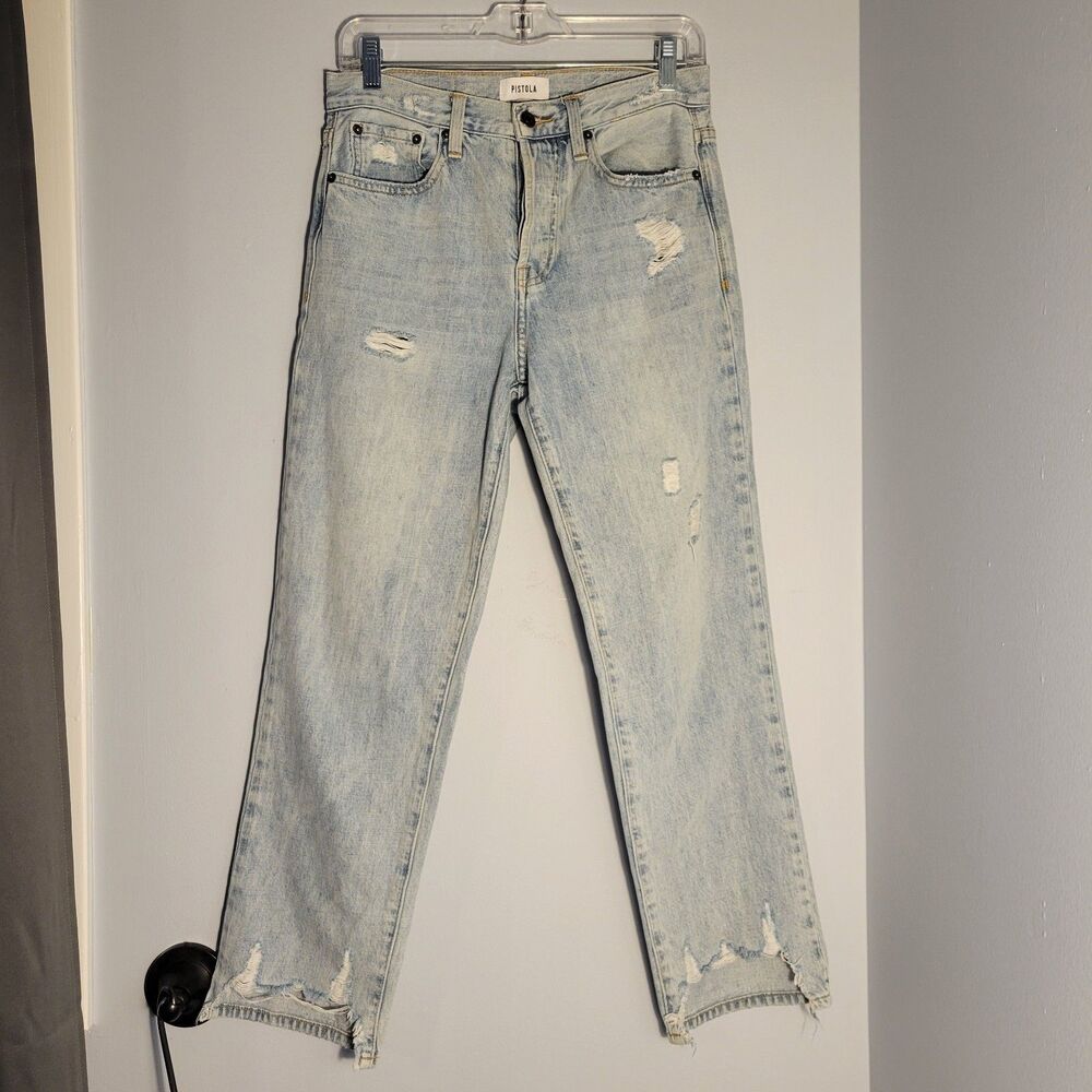 Pistola Distressed Straight Leg Jeans Light Blue Denim Frayed Hem High Rise 26